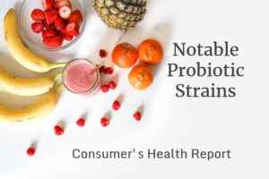 Image of a graphic of foods and text for page on notable probiotic strains