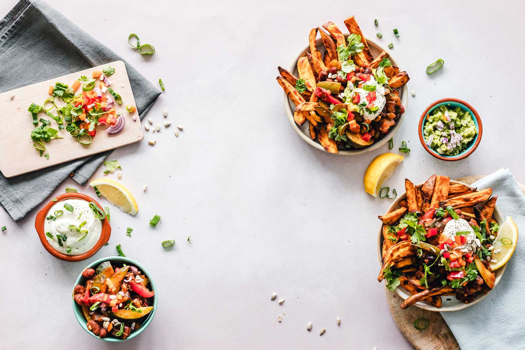 Image of a nutritious meal on a white table from above