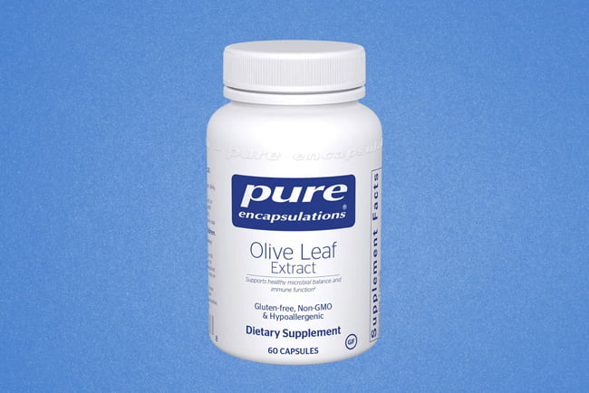 Image of a bottle of the best olive leaf extract supplement, Pure Encapsulations Olive Leaf Extract